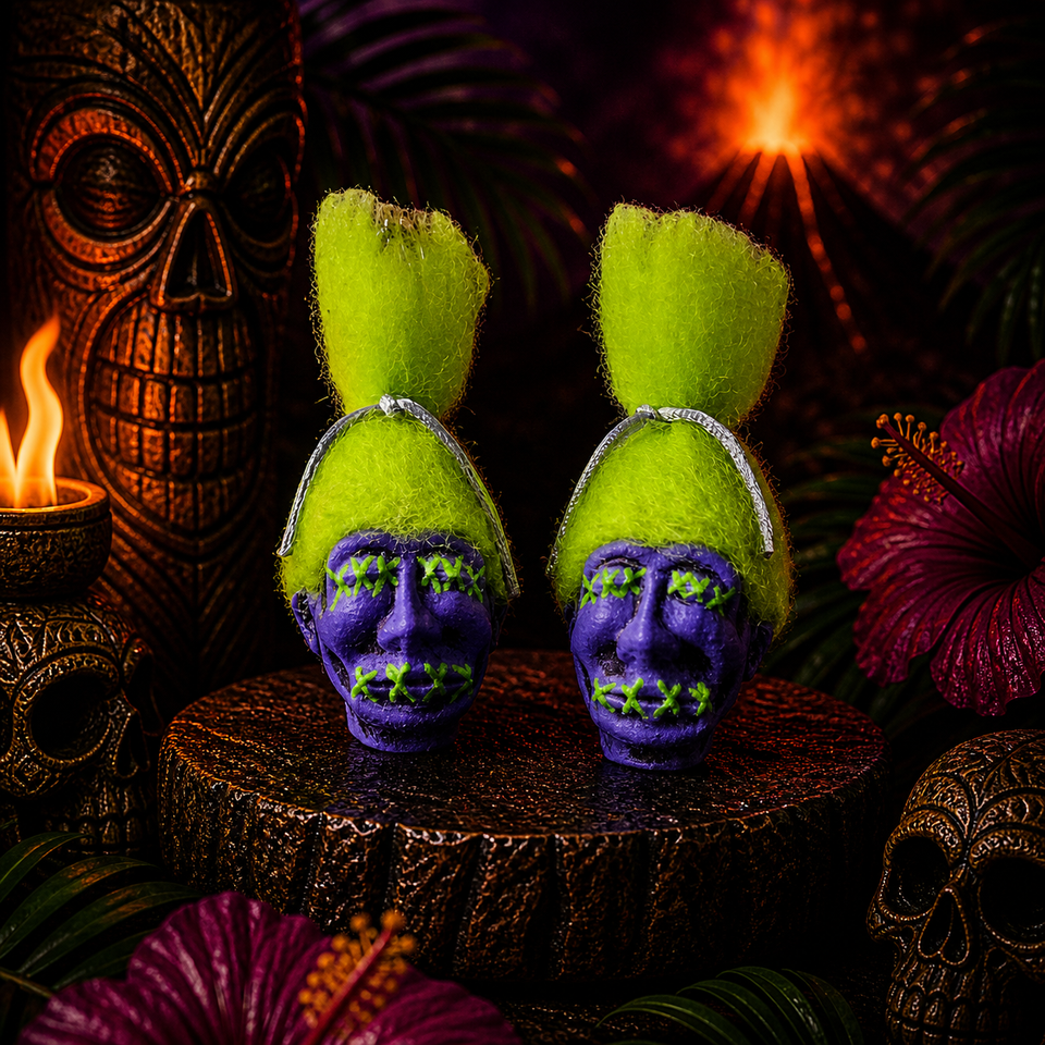 Shrunken Head Earrings – Neon Green Stitched