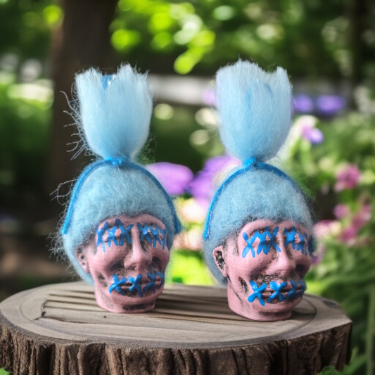 Shrunken Head Earrings – Sky Blue Stitched
