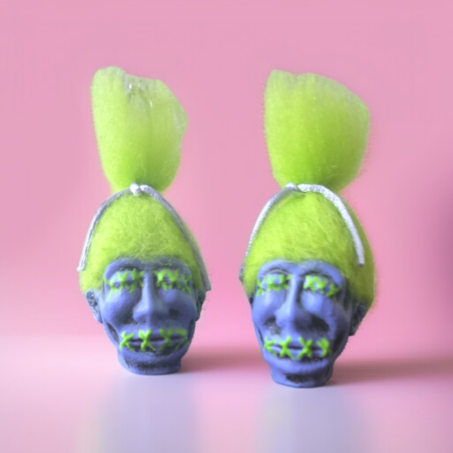 Shrunken Head Earrings – Neon Green Stitched